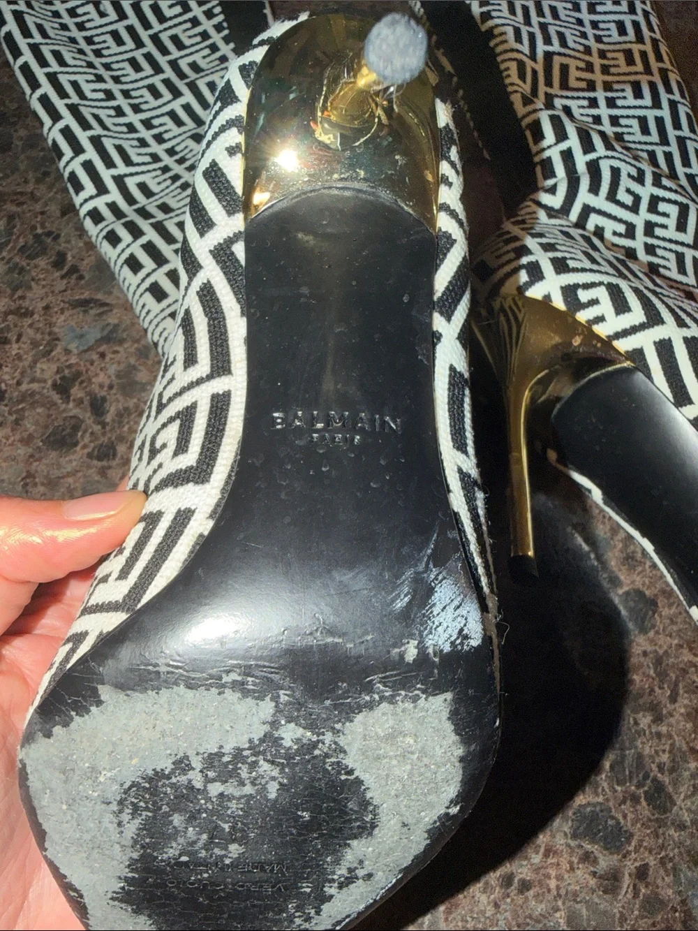 Balmain Monogram Jacquard Gold Heel Thigh High boots - size 37